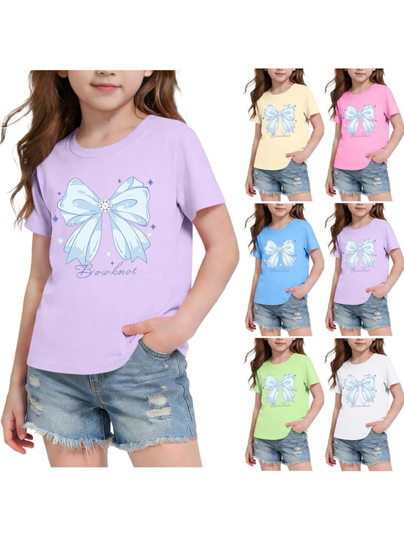 Girls Summer Short Sleeve Tops Print Breathable Crew Neck with Bow Tee Shirts for Outdoor Wear 3-14 Years