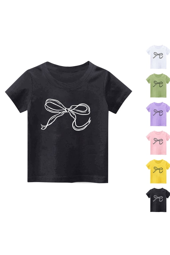 Girls Summer Short Sleeve Tops Print Sweet Lightweight Crew Neck with Bow Tee Shirts for Daily Use 2-13 Years