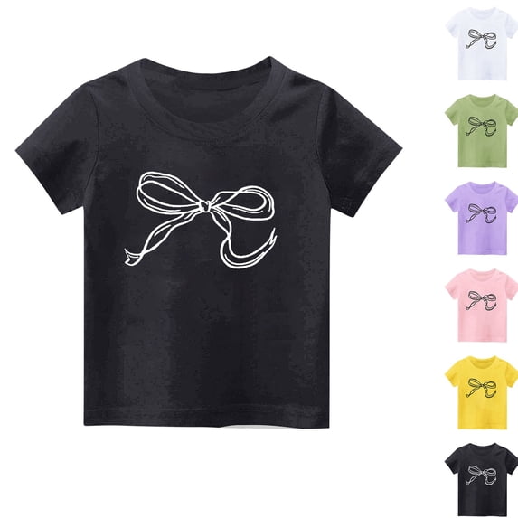 SROBPTY Girls Summer Short Sleeve Tops Print Sweet Lightweight Crew Neck with Bow Tee Shirts for Daily Use 2-13 Years