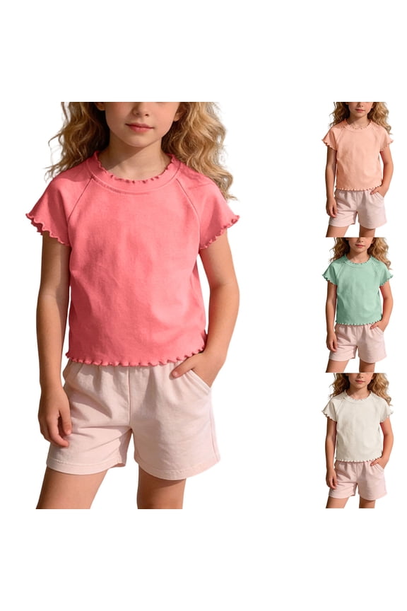 Child Girls T-Shirts Solid Crew Neck Short Sleeve Breathable Soft Lace Casual Summer Tops for 12M-9Y