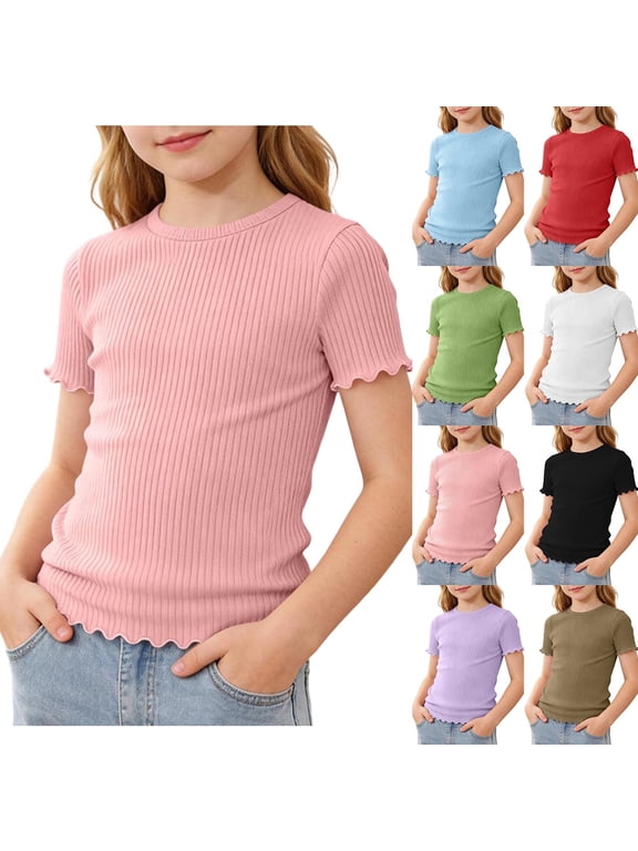 Teen Girls Summer Short Sleeve Tops Solid Casual Breathable Crew Neck with Lace Tee Shirts for Everyday Wear 5-16 Years