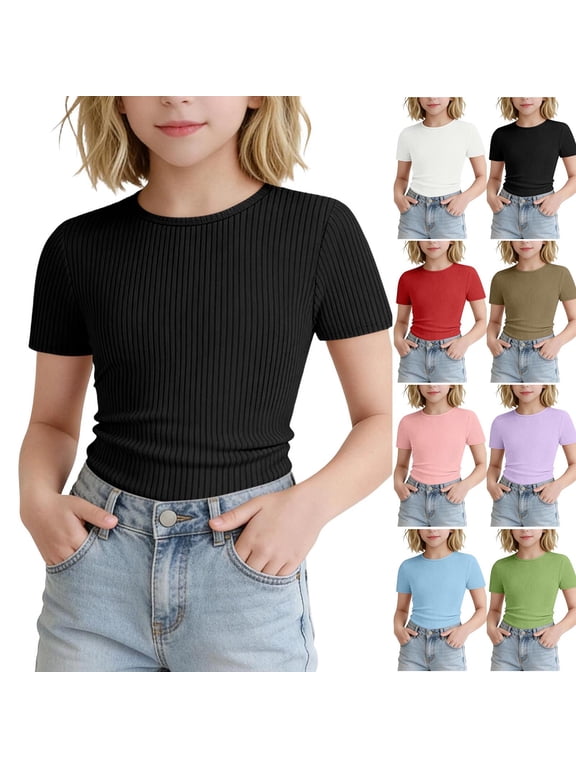 Girls Summer Short Sleeve Tops Solid Crew Neck Tee Shirts for Outdoor Use 5-16 Years