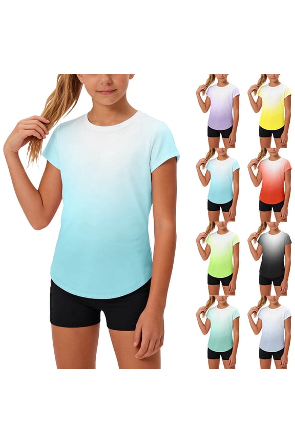 Teen Girls T-Shirts Solid Crew Neck Short Sleeve Gradient Breathable Summer Tops for 4-14Y