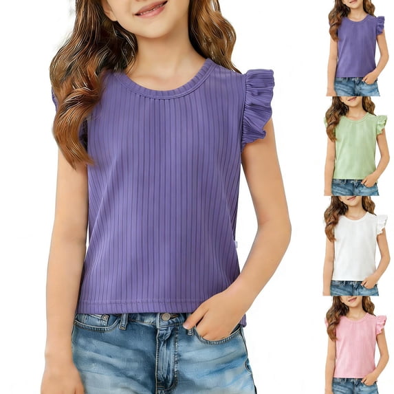 SROBPTY Teen Girls T-Shirts Solid Round Neck Short Sleeve Breathable Soft Summer Tops for 0-12Y