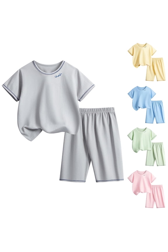 Kids 2-12Y Solid Round Neck Short Sleeve Tops with Capris Pants Summer Suits