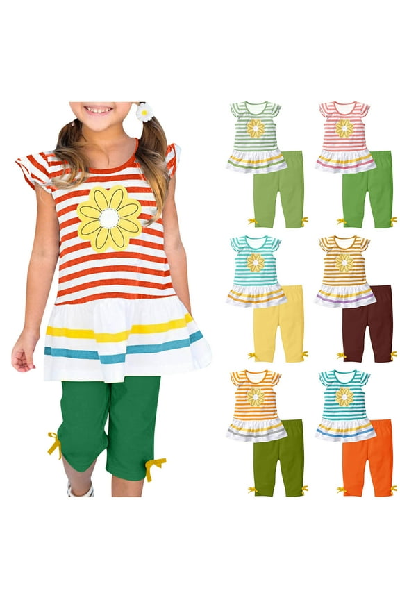 Kids Boys Girls 1-10Y Stripe Print Cap Sleeve Tops with Elastic Waist Capris Pants Suits