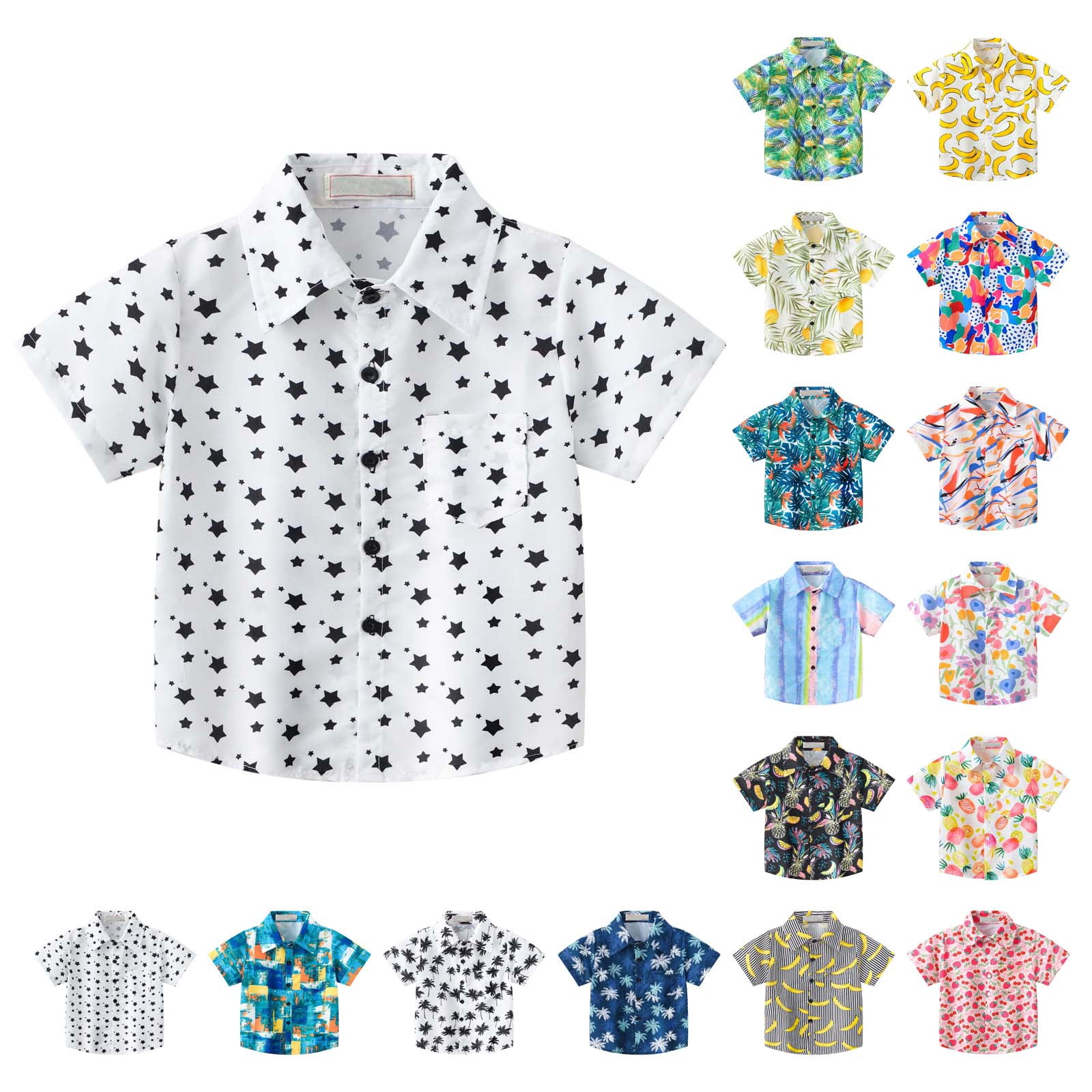 SROBPTY Kids Boys Short Sleeve Collared Print Beach Casual Shirt White ...