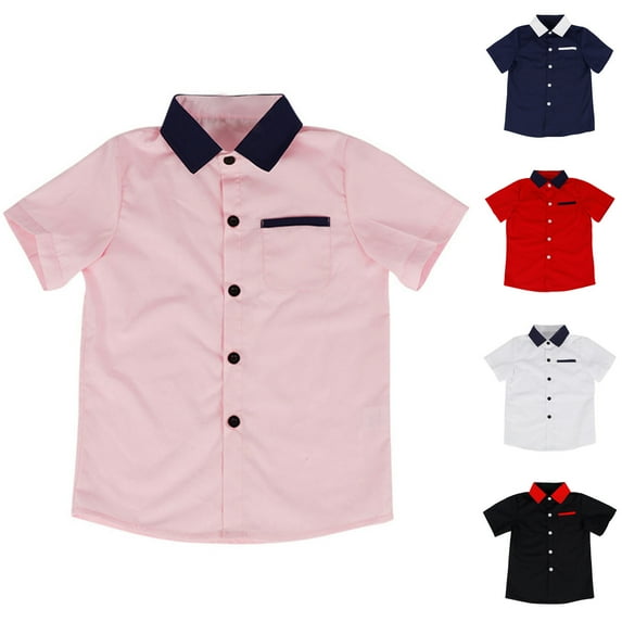 SROBPTY Kids Boys and Girls 3-11 Years Short Sleeve Collared Solid Button Pocket Casual Shirt Pink, 6-7 Years