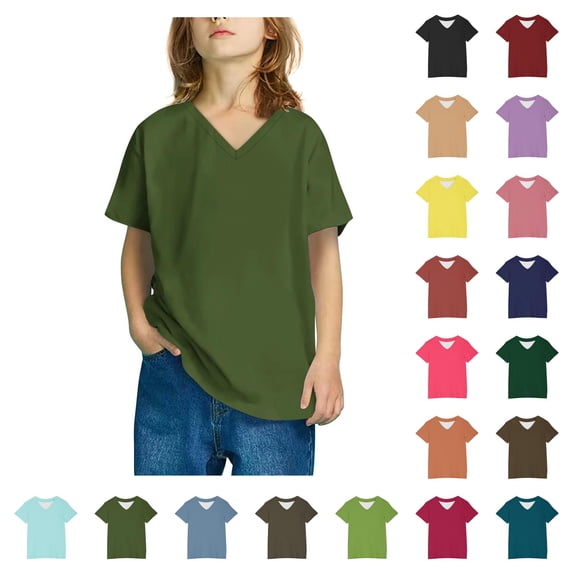 SROBPTY Kids Boys and Girls Summer Short Sleeve V Neck Solid Casual Tshirt Top