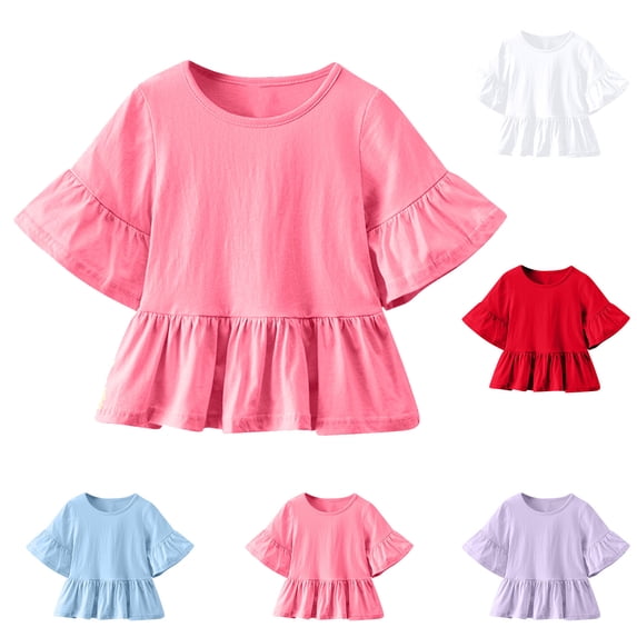SROBPTY Kids Girls 12 Months-8 Years Solid Short Sleeve Ruffle Top White, 12-18 Months