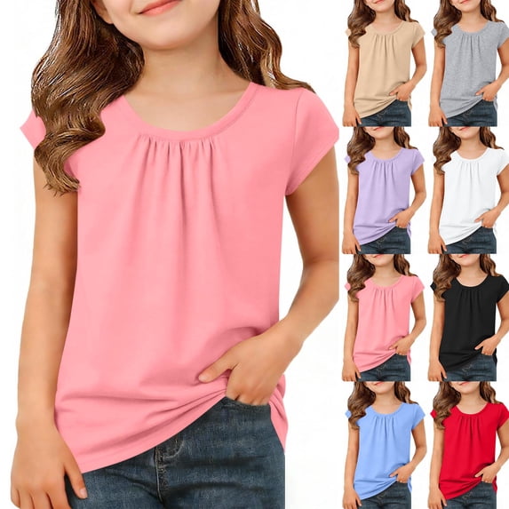 SROBPTY Kids Girls 5-15 Years Summer Pleated Crew Neck Solid Comfortable Short Sleeve Tshirt Top Khaki, 14-15 Years