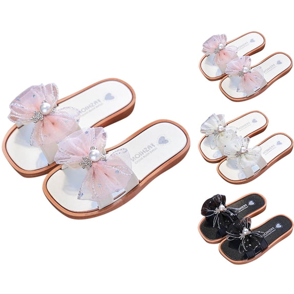 SROBPTY Kids Girls Sandals Bow Pearl Slide Summer Open Toe Flat Shoes for 3-10 Years