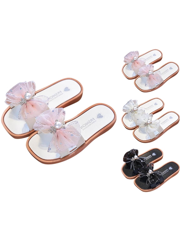 Kids Girls Sandals Bow Pearl Slide Summer Open Toe Flat Shoes for 3-10 Years