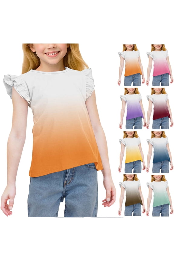 Kids Girls Short Sleeve Round Neck Gradient Print Ruffle Fashion Summer Top Yellow, 6-7 Years