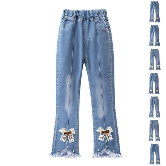SROBPTY Kids Summer Pants Denim Flare Leggings Floral Hem Elastic Waist for Casual Use 2-13 Years