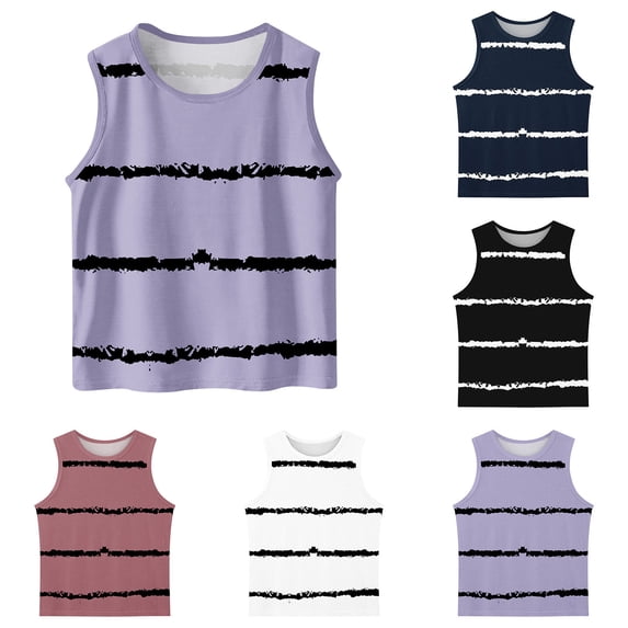 SROBPTY Teen Boys and Girls Tank Tops Print Crew Neck Striped Light Breathable Summer Shirts for 3-15Y