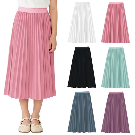 SROBPTY Little Girls Skirts Solid Elastic Waist Pleated Maxi for 3-13 Years