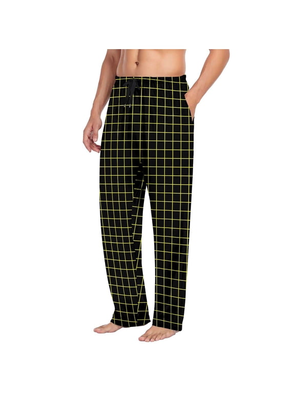 Mens Pajama Pants Print Drawstring Straight-Leg Sleepwear Pocket Pants