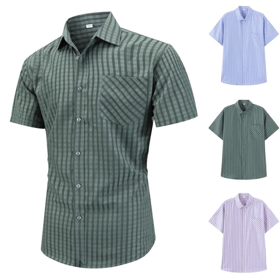 SROBPTY Mens Summer Shirts, Mens Short Sleeve Button Down Shirts, Mens Casual Short Sleeve Plaid Printed Collared Button T Shirts Light Blue,XXL