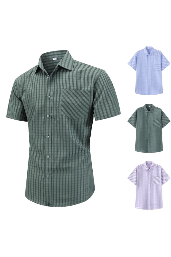 Mens Summer Shirts, Mens Short Sleeve Button Down Shirts, Mens Casual Short Sleeve Plaid Printed Collared Button T Shirts Light Blue,XXXL