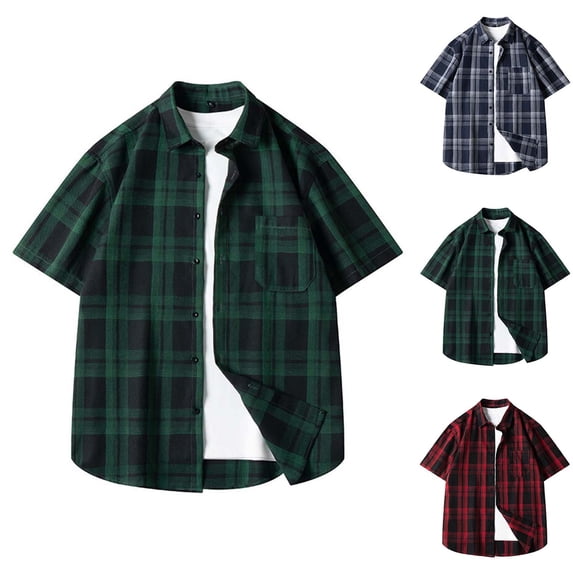SROBPTY Mens Summer Shirts, Mens Short Sleeve Button Down Shirts, Mens Fashion Casual Button Plaid Collared Short Sleeve Shirts with Pocket Navy,XXXL