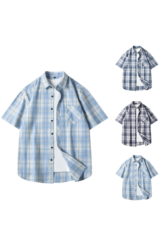 Mens Summer Shirts, Mens Short Sleeve Button Down Shirts, Mens Plaid Button Pocket Collar Short Sleeve Shirts Dark Blue,XXL