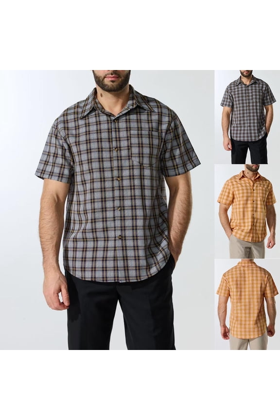 Mens Summer Shirts, Mens Short Sleeve Button Down Shirts, Mens Plaid Loose Casual Collared Short Sleeve Shirts Yellow,S