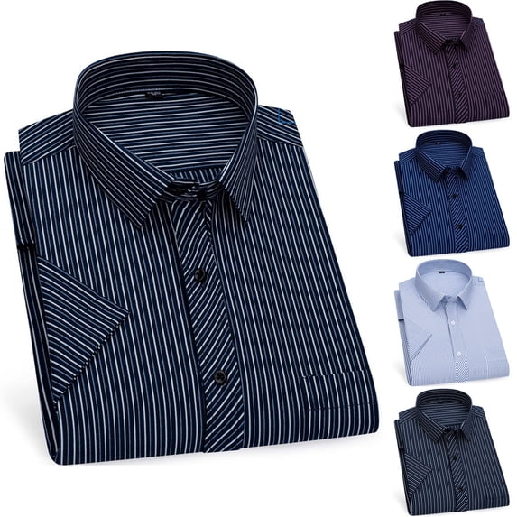 SROBPTY Mens Summer Shirts, Mens Short Sleeve Button Down Shirts, Mens Striped Collared Casual Short Sleeve Shirts with Pocket Wine,38