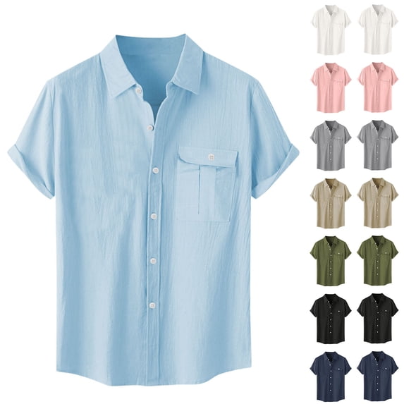 SROBPTY Mens Summer Tops Casual Solid Color Button Collared Short Sleeve Shirts with Pocket