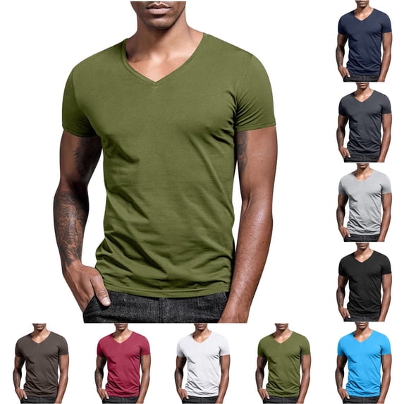 SROBPTY Mens Summer Shirts, Short Sleeve T Shirts for Men, Mens Casual Fashion Solid V Neck Lightweight Short Sleeve Shirts Dark Gray,XL