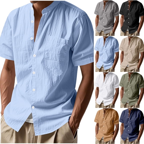 SROBPTY Mens Summer Shirts, Short Sleeve T Shirts for Men, Mens Casual Solid Button Stand Collar Short Sleeve Shirts with Pocket Gray,L