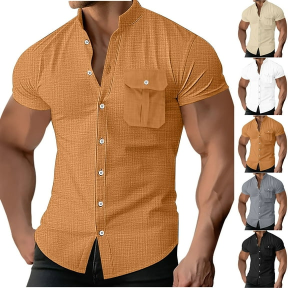 SROBPTY Mens Summer Shirts, Short Sleeve T Shirts for Men, Mens Casual Solid Plus Size Stand Collar Short Sleeve Shirts Khaki,M