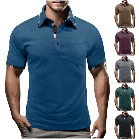 SROBPTY Mens Summer Shirts, Short Sleeve T Shirts for Men, Mens Fashion Casual Plaid Button Down Collar Short Sleeve Shirts Blue,L