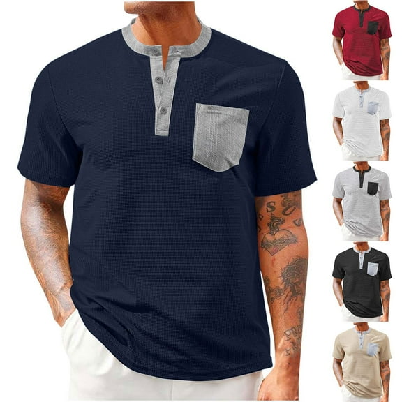 SROBPTY Mens Summer Shirts, Short Sleeve T Shirts for Men, Mens Fashion Casual Solid Button Crew Neck Short Sleeve Shirts with Pocket Khaki,XXL