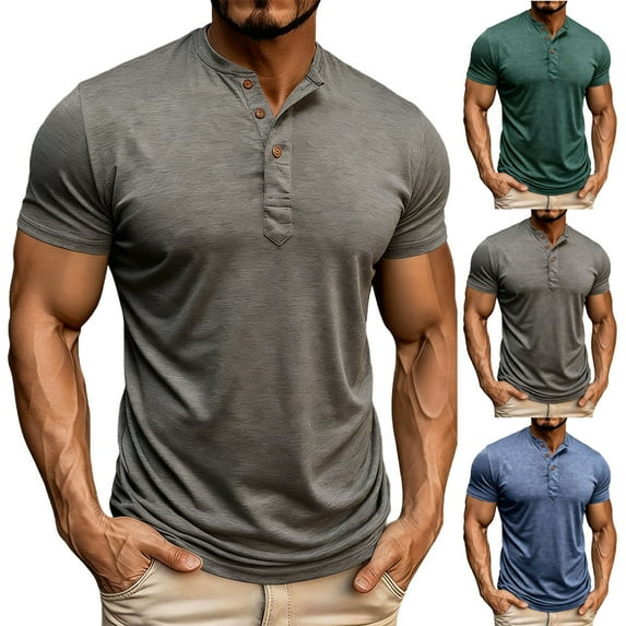 SROBPTY Mens Summer Shirts, Short Sleeve T Shirts for Men, Mens Fashion Solid Short Sleeve Button Crew Neck Casual Pullover Shirts Green,XL