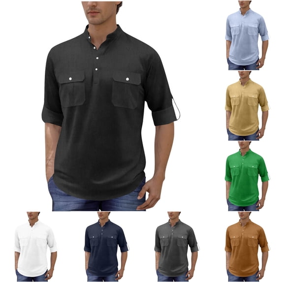 SROBPTY Mens Summer Shirts, Short Sleeve T Shirts for Men, Mens Linen Pullover Short Sleeve Stand Collar Shirt with Double Pockets Dark Blue,XXXL