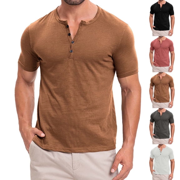 SROBPTY Mens Summer Shirts, Short Sleeve T Shirts for Men, Mens Solid Button Casual Business Workout Crew Neck T Shirts Black,L