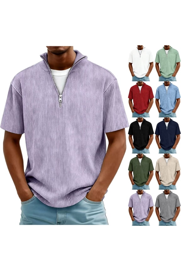 Mens Summer Shirts, Short Sleeve T Shirts for Men, Mens Solid Collared Quarter Zip Side Pocket Casual Short Sleeve Shirts Army Green,L