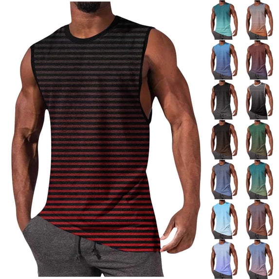 SROBPTY Mens Tank Tops Print Crew Neck Sleeveless Gradient Stripe Gym Breathable Shirts for Outdoor Wear