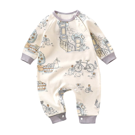 SROBPTY Newborn Boys Girls Romper with Zipper Print Crew Neck Long Sleeve Jumpsuit for 0-18 Months