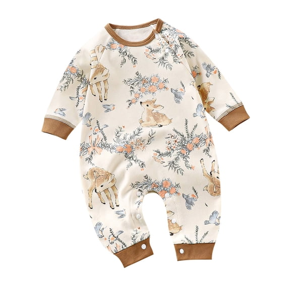 SROBPTY Newborn Boys Girls Romper with Zipper Print Crew Neck Long Sleeve Jumpsuit for 0-18 Months