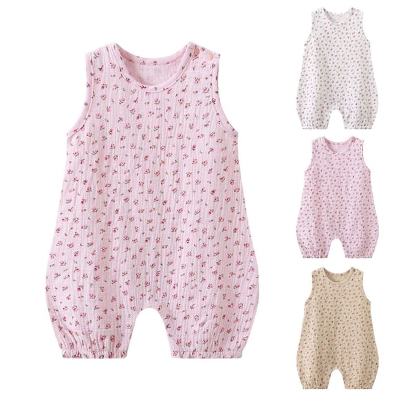 SROBPTY Newborn Girls Print Sleeveless Romper for 3M-2Y Summer Casual Outfit Pink, 6-12 Months