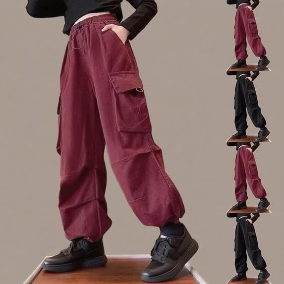 SROBPTY Pants for Teens Girls Solid Elastic Waist Cargo with Pockets for Fall Winter