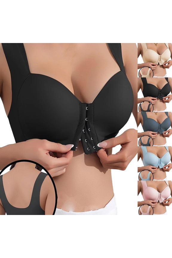 Plus Size Bra for Women, Womens Push Up Bra, Women's Front Closure Solid Wide Strap Workout Bras Black,M