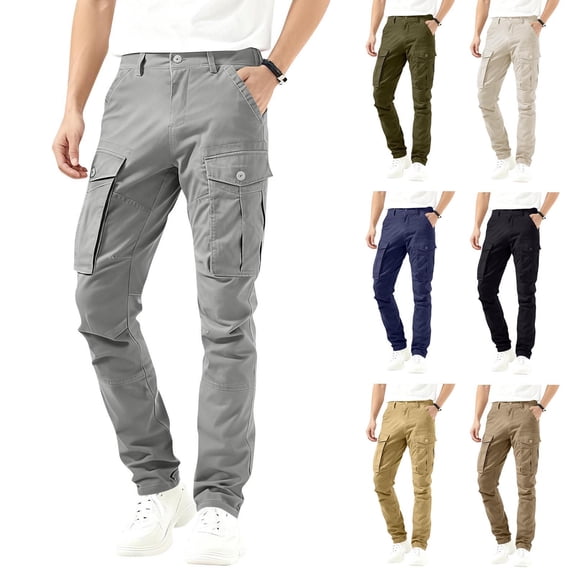 SROBPTY Plus Size Mens Pants, Cargo Pants for Men, Men's Elastic Waist Button Zipper Straight Leg Outdoor Cargo Pants with Multiple Pockets Black,S