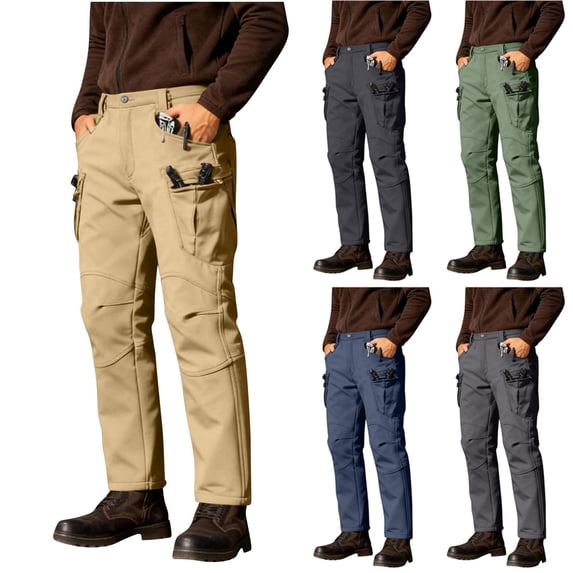 SROBPTY Plus Size Trousers for Men Solid Waterproof Fleece Lined Elastic Waist Outdoor Hiking Cargo Pants with Pockets