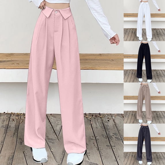 SROBPTY Plus Size Womens Fall Winter Trousers Wide-Leg Elastic High Waist Solid Pants