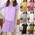 thumbnail image 1 of SROBPTY Womens Set Solid Crew Neck Short Sleeve Top Drawstring Shorts Outfits for Daily Wear, 1 of 5