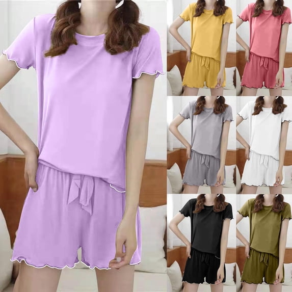 SROBPTY Womens Set Solid Crew Neck Short Sleeve Top Drawstring Shorts Outfits for Daily Wear