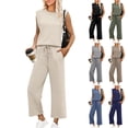 thumbnail image 1 of SROBPTY Summer Womens Set Solid Sleeveless Crew Neck Tops Pocket Drawstring Long Pants Outfits, 1 of 5